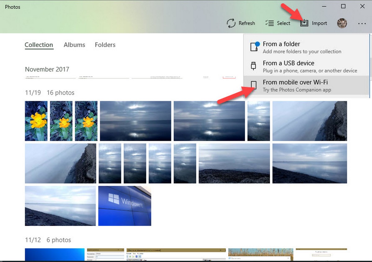 На ПК с Windows 10 откройте встроенное приложение «Фотографии». Нажмите кнопку «Импорт» (Import)