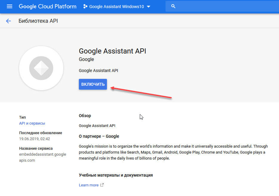 Google Assistant API «Включить».