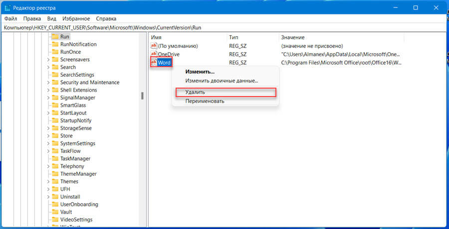 Удалить программу из автозагрузки Windows11 в редакторе реестра