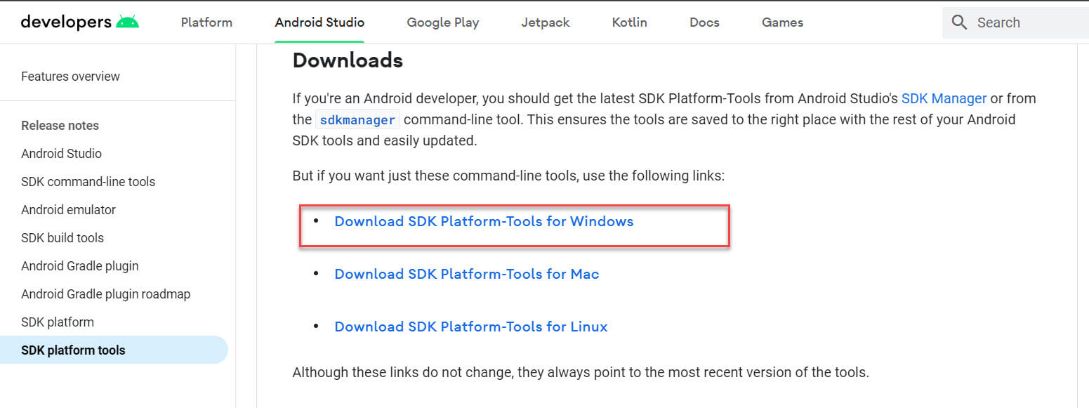 загрузите «SDK Platform-Tools for Windows».