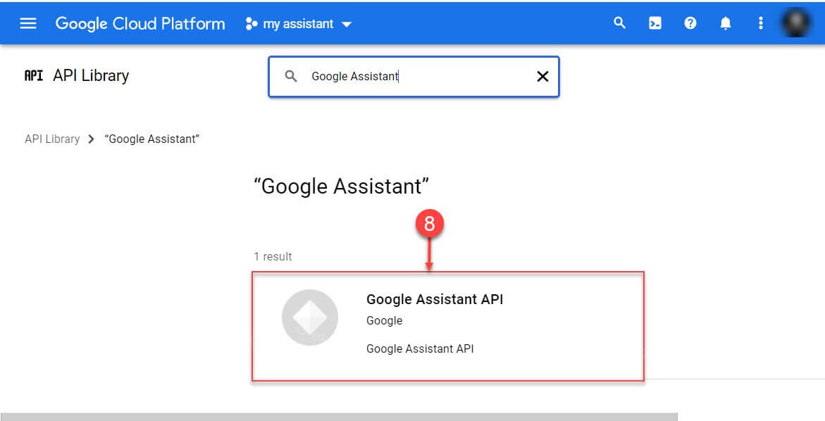 Введите в строку поиска «Google Assistant», нажмите появившейся результат «Google Assistant API», чтобы перейти на следующую страницу