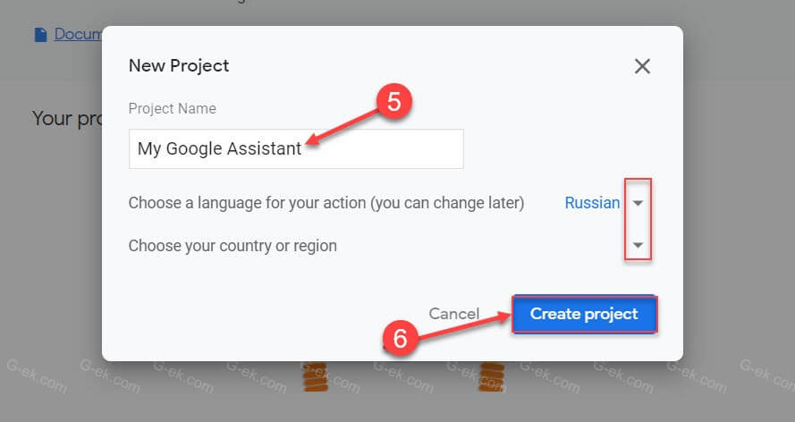 введите любое имя для названия вашего проекта, в примере мы используем имя «My Google Assistant»