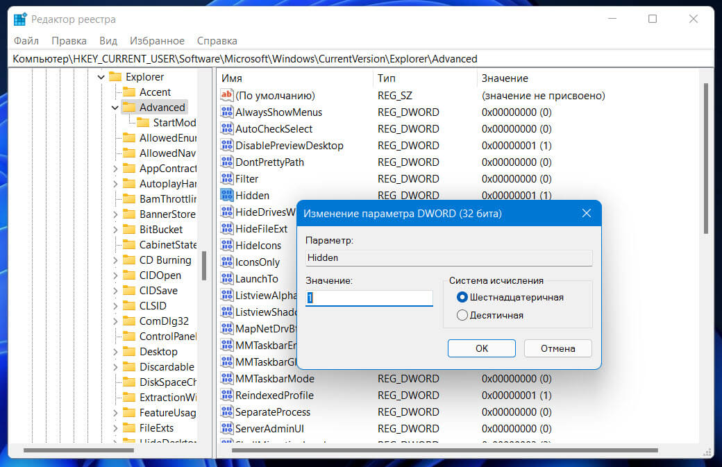 Показать скрытые файлы и папки Windows 11 с помощью редактора реестра