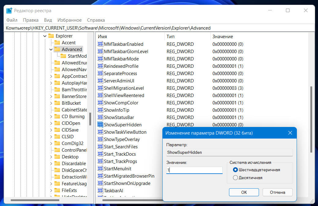 Показать скрытые файлы и папки Windows 11 с помощью редактора реестра