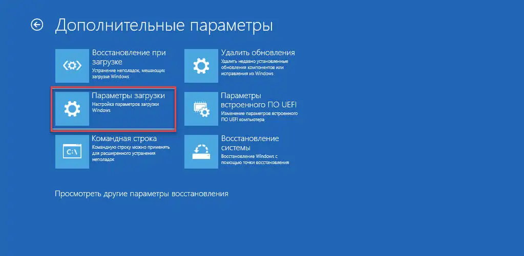  Кликните «Поиск и устранение неисправностей» →  «Дополнительные параметры» →  «Параметры загрузки».